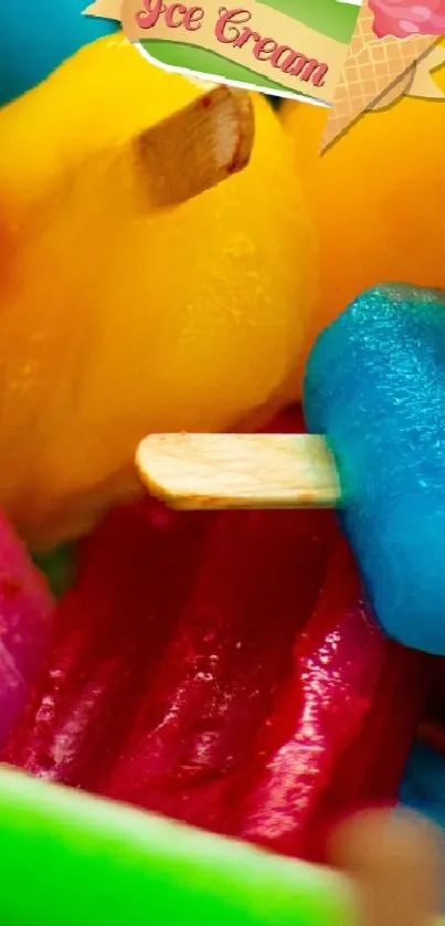 Brightly colored ice cream popsicles in multiple vibrant hues.