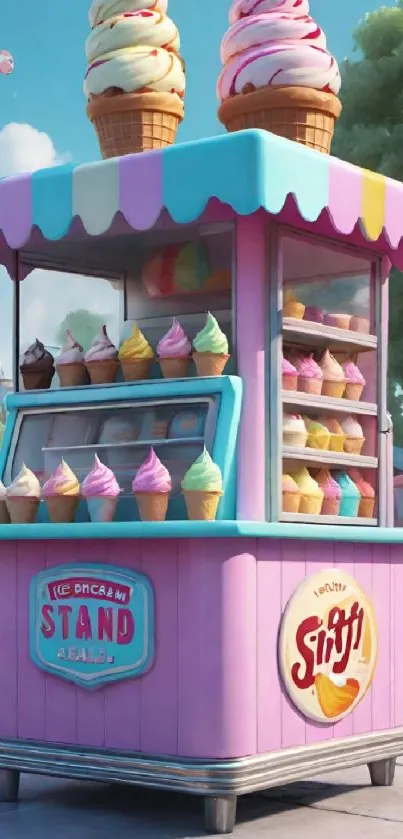 Whimsical pastel ice cream stand with colorful cones.
