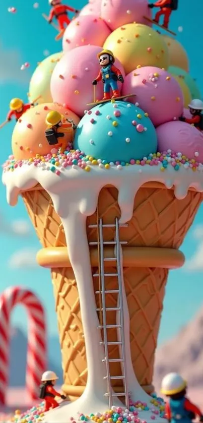 Towering ice cream cone with vibrant scoops and candy.