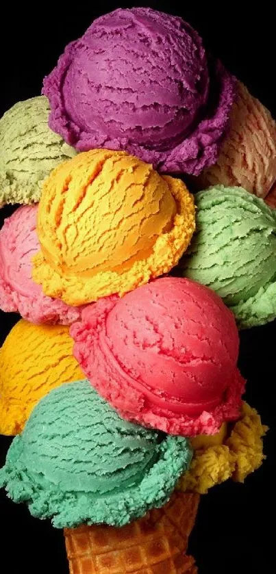 A colorful tower of ice cream scoops on a cone against a dark background.