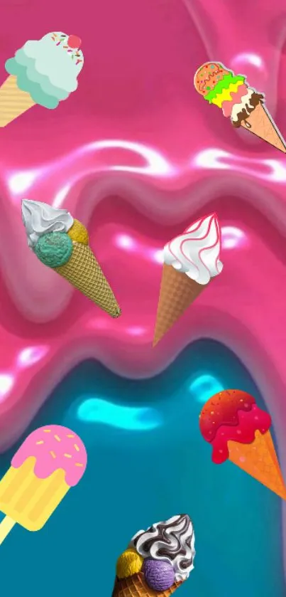 Colorful ice cream cones on a vibrant pink and blue background.