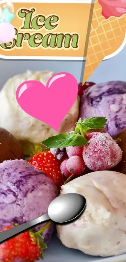 Colorful ice cream sundae with berries and a pink heart on top.