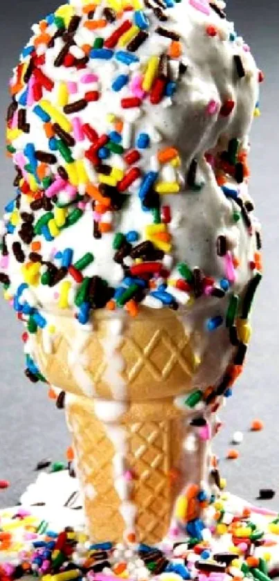 Ice cream cone with colorful sprinkles on a dark background.