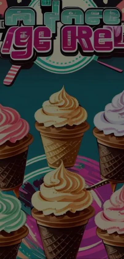 Colorful ice cream cones on a teal background.