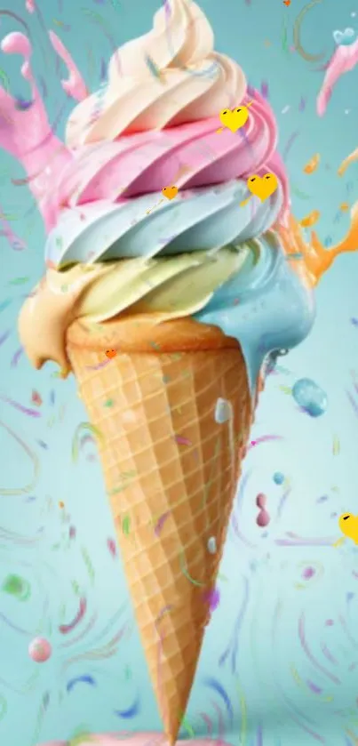 Colorful ice cream cone wallpaper with heart accents and vibrant splashes.