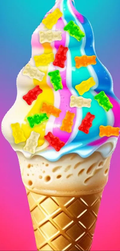 Colorful ice cream with gummy bears on a gradient background.