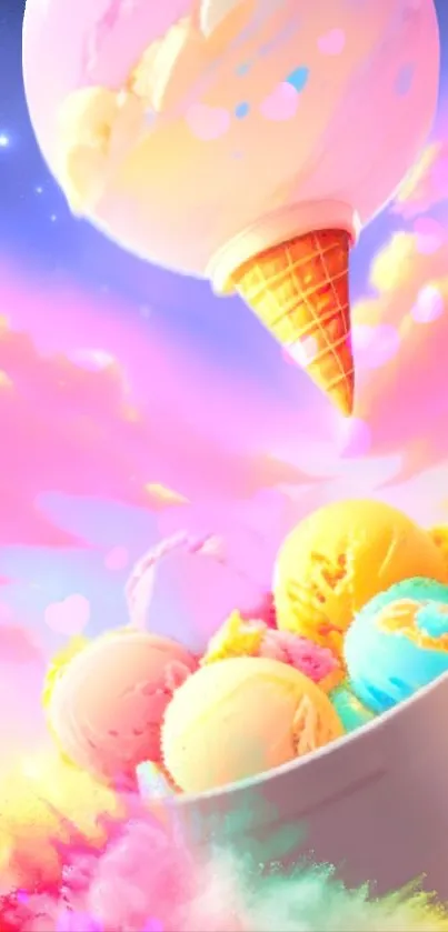 Colorful ice cream scoops floating in a dreamy pastel sky with a large cone.