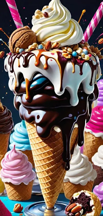 Colorful ice cream cone with chocolate drizzle and sprinkles.