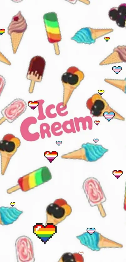 Playful ice cream wallpaper with colorful cones and popsicles.