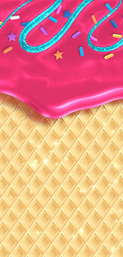 Colorful wallpaper with pink icing and waffle cone pattern.