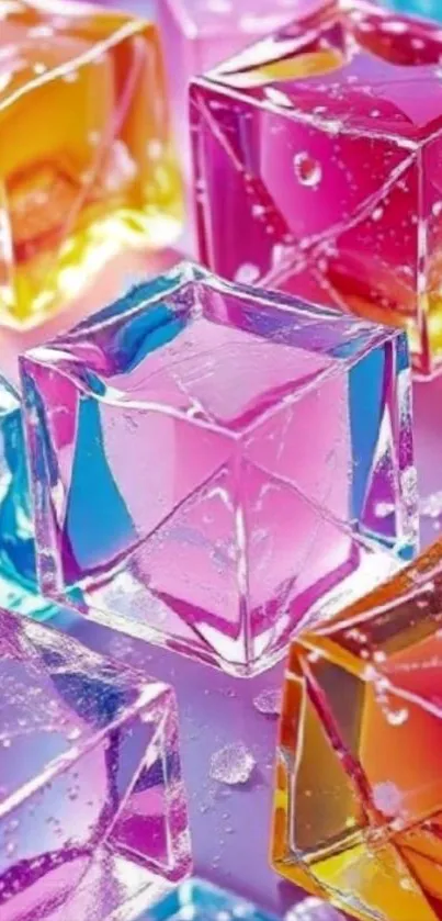 Colorful ice cubes with vibrant hues and reflections.
