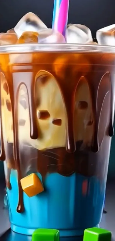 Colorful iced drink with vibrant layers and cubes.