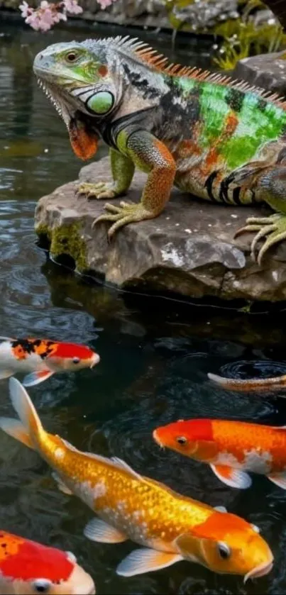 Iguana on rock with colorful koi fish in pond.