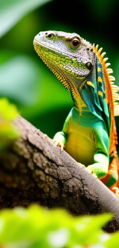 Colorful iguana perched in lush green landscape.