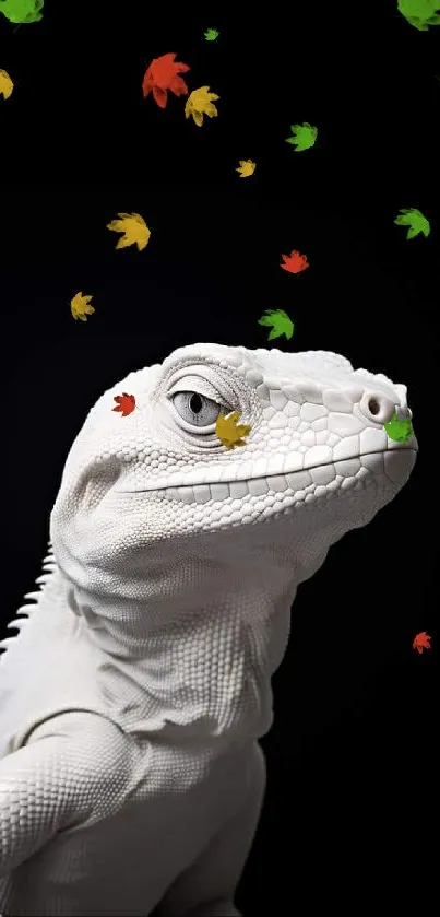 Iguana with colorful leaves on black background.