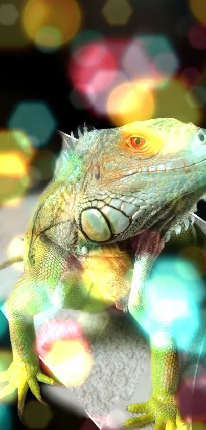 A vibrant iguana with colorful bokeh lights on a dark background.