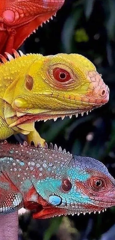 Three vibrant iguanas in red, yellow, and teal shades on a branch.