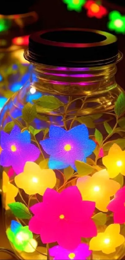 Illuminated glass jar with colorful flowers