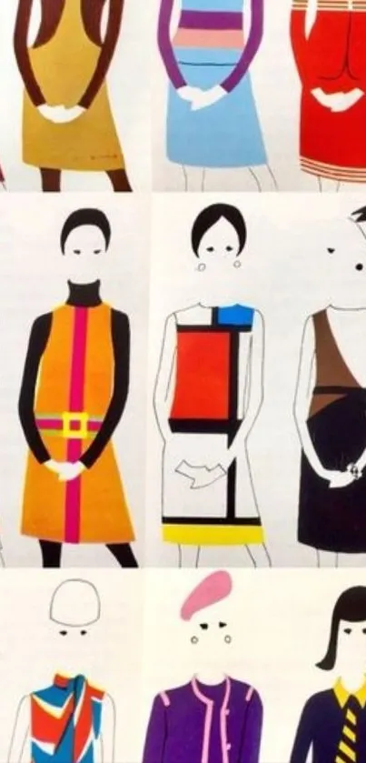 Colorful fashion illustration featuring abstract clothing designs.