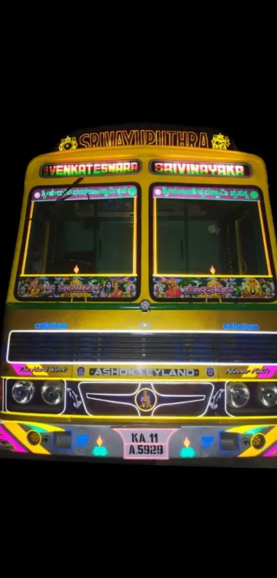 Colorful Indian bus on black background wallpaper.