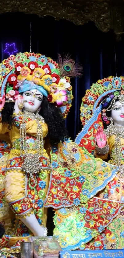 Vibrant Indian deities in ornate attire displayed on a decorative backdrop.