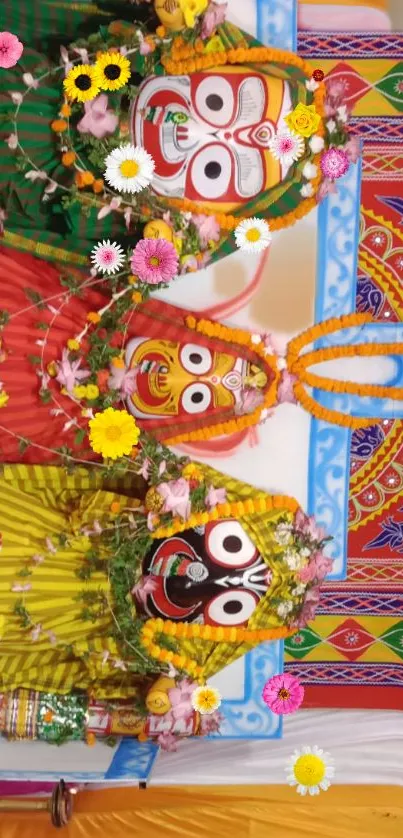 Vibrant Indian festival masks with colorful floral decorations on wallpaper.