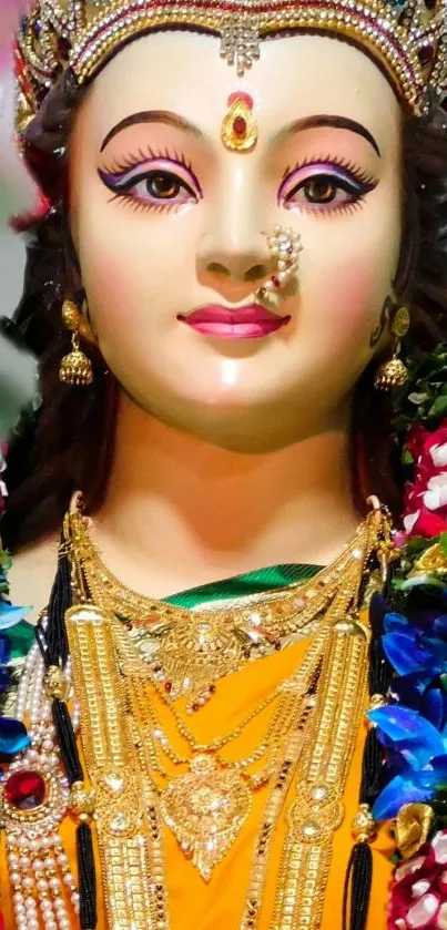 A colorful and detailed statue of a Devi adorned with gold and flowers.