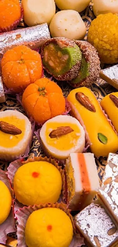 A vibrant assortment of Indian sweets.