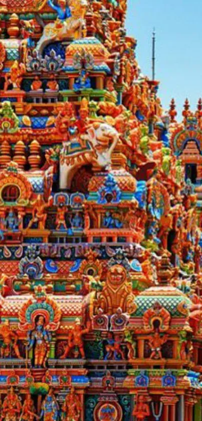 Colorful Indian temple artwork with intricate carvings.