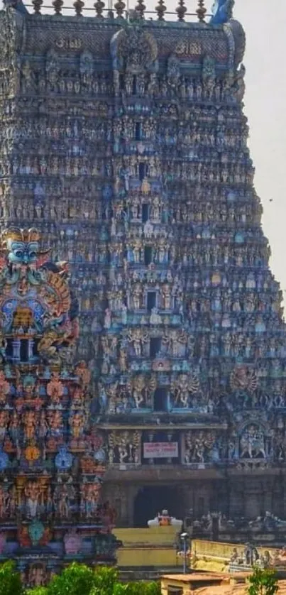 Colorful facade of intricate Indian temple.