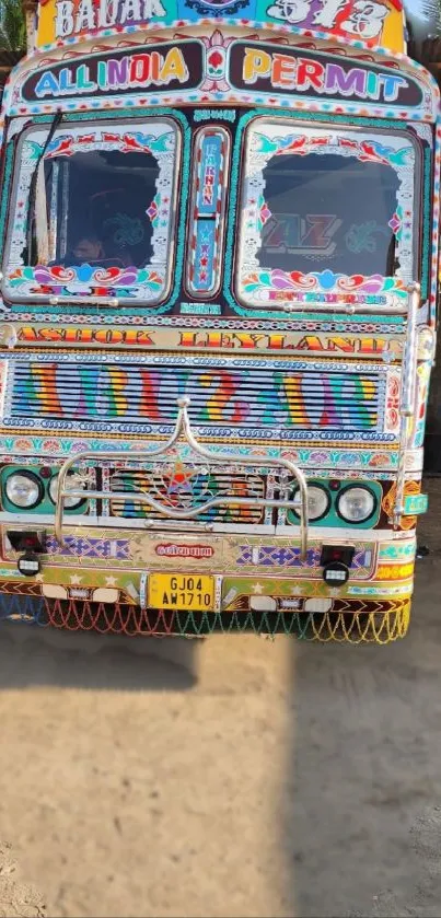 Colorful decorated Indian truck front view