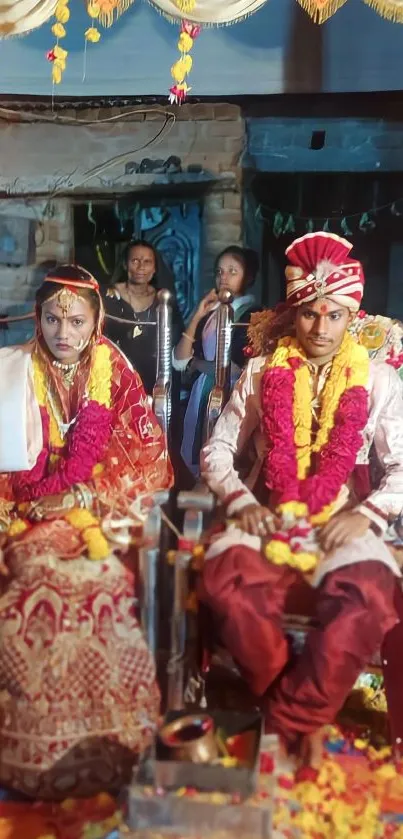 Indian wedding couple with vibrant decor.