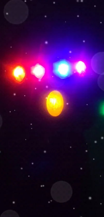 Mobile wallpaper with Infinity Gauntlet glowing in multicolored lights.