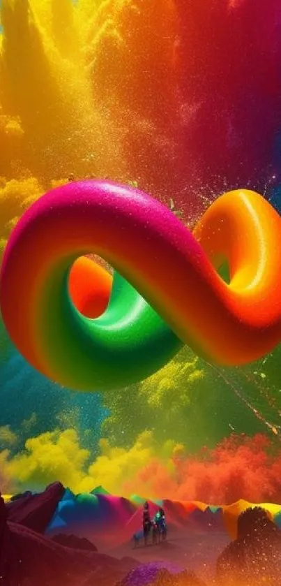 Vibrant wallpaper with colorful infinity symbol in a surreal landscape.