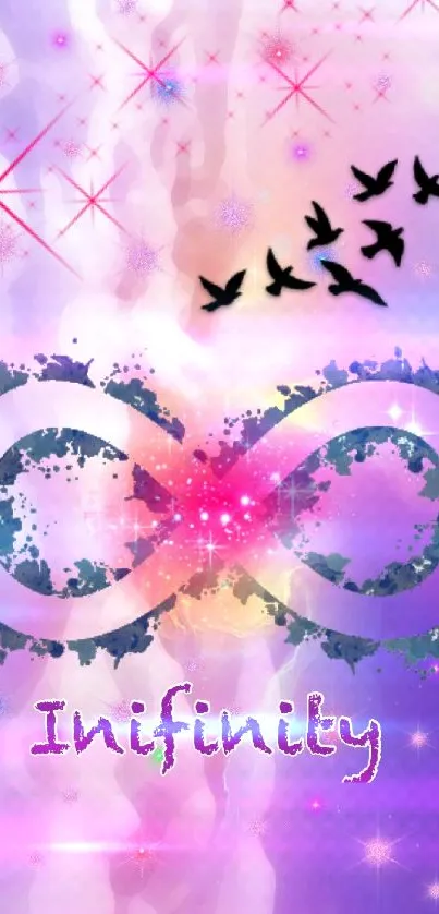 Infinity symbol with birds on a colorful pastel background.