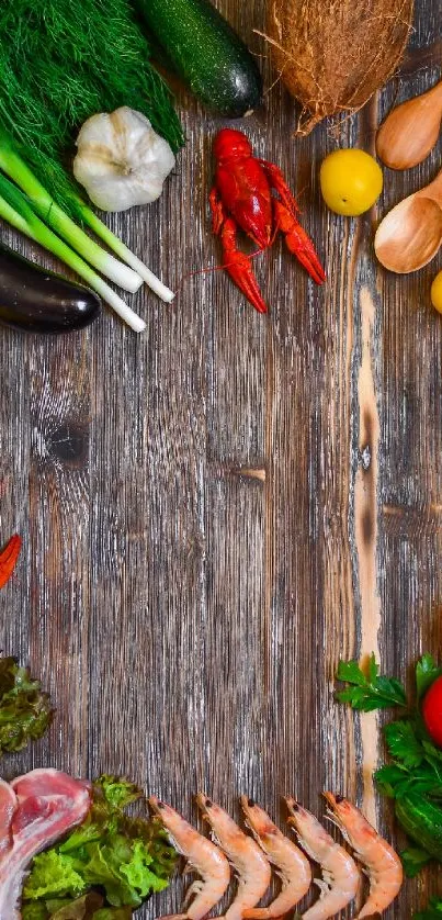 Vibrant ingredients on wooden board wallpaper