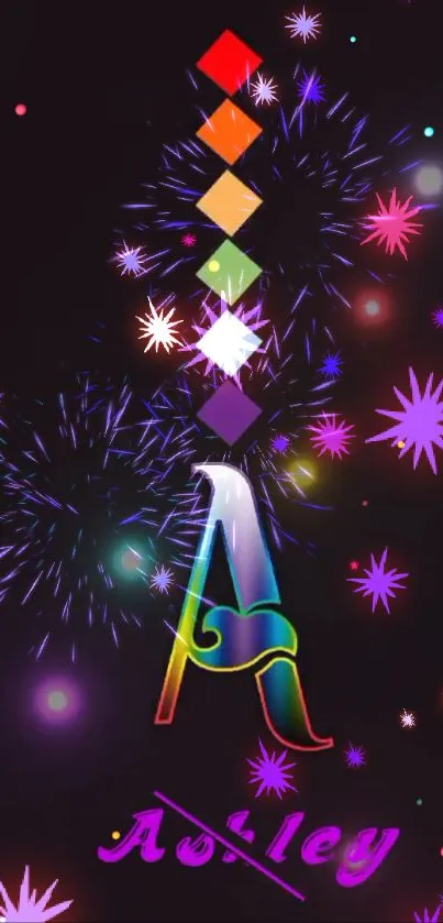 Colorful initial 'A' wallpaper with fireworks and bright accents on black background.