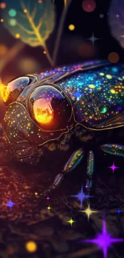 Colorful fantasy insect with glowing lights in a dreamy setting.