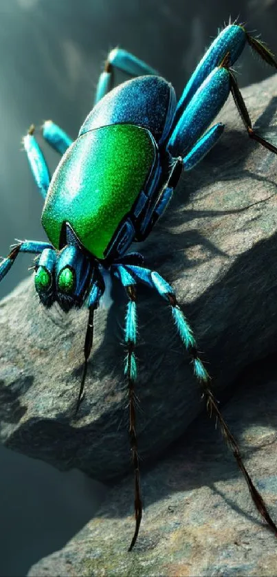 Close-up of a vibrant insect on a rock.