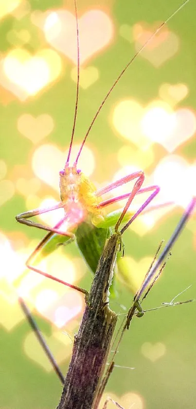 Vibrant insect on branch with heart-shaped bokeh background.