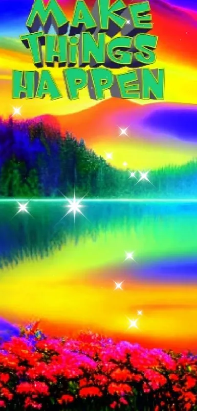 Vibrant rainbow landscape with 'Make Things Happen' text.