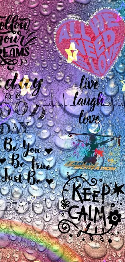 Colorful wallpaper with quotes and a rainbow over water droplets.