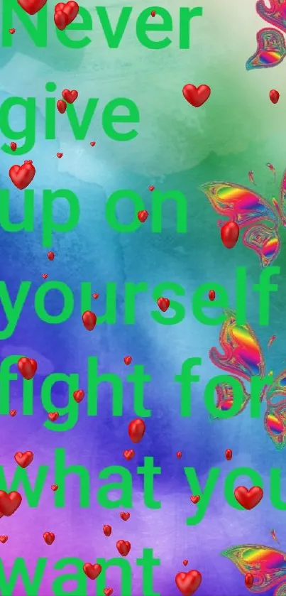 Colorful rainbow wallpaper with butterflies and motivational quote.