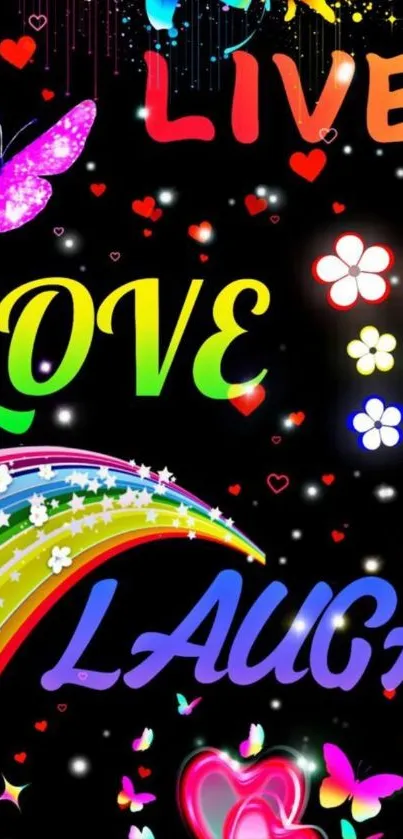 Colorful wallpaper with words and butterflies.