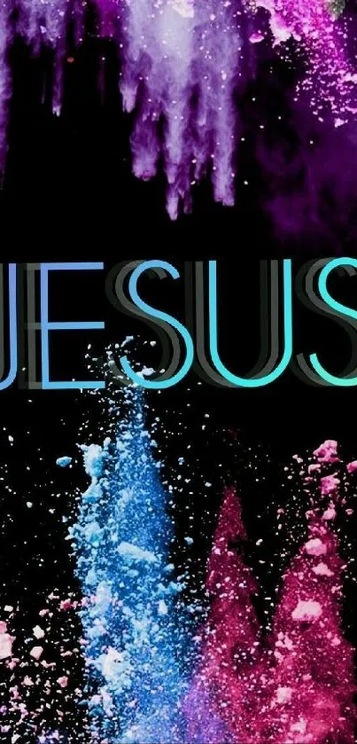 Vibrant color burst with 'Jesus' text on black background.