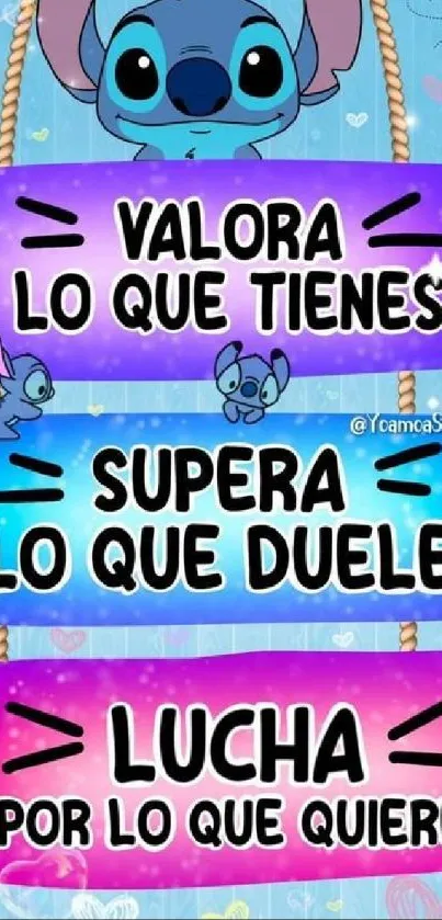 Inspirational wallpaper with Spanish quotes and colorful cartoon graphics.