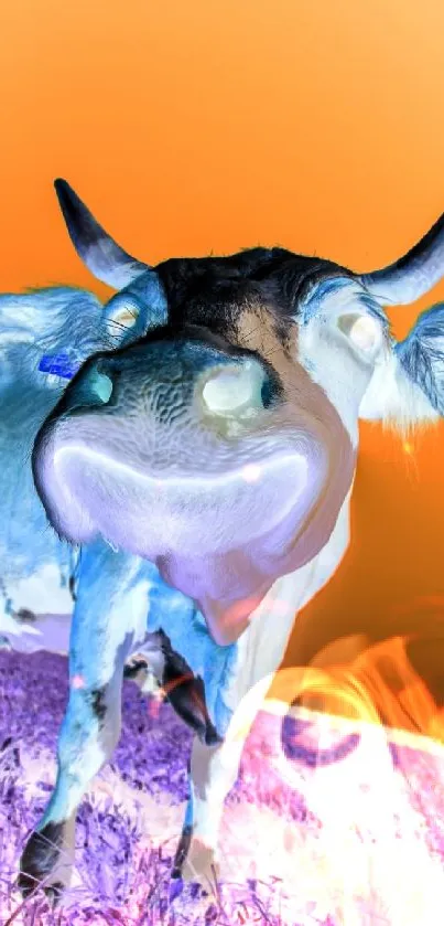 Vibrant inverted cow art on a colorful orange background, perfect for mobile wallpaper.