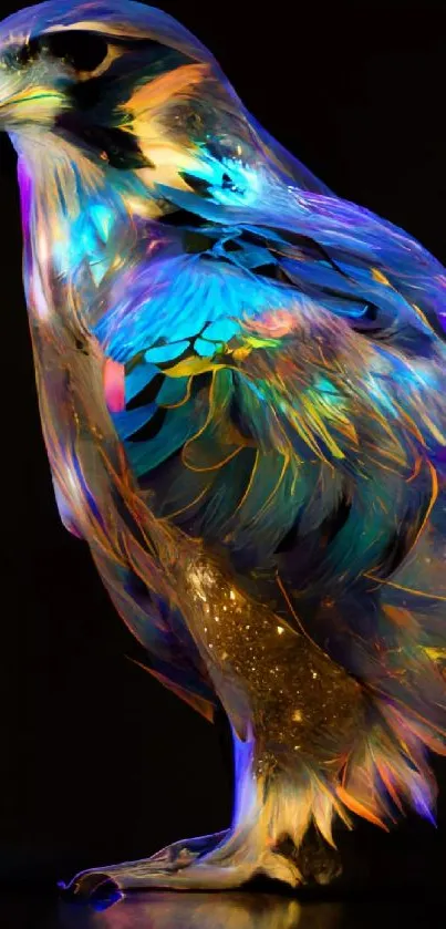 A striking iridescent falcon featuring vibrant colors on a dark background.