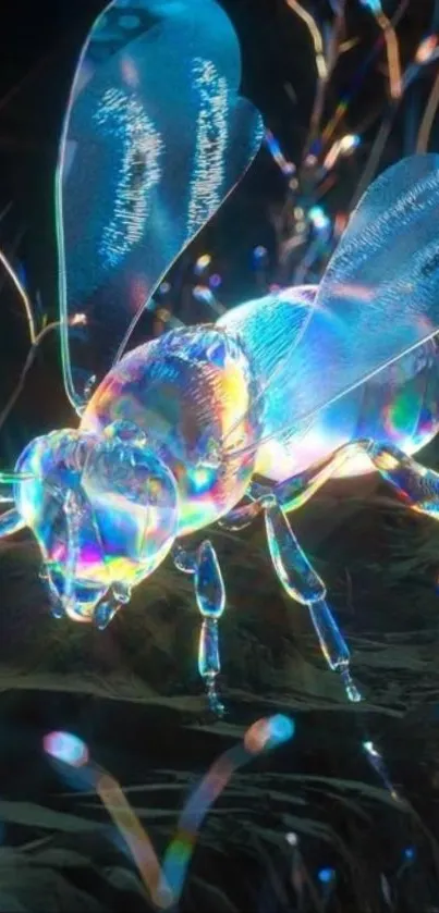 Iridescent insect artwork with colorful wings.