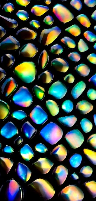 Colorful iridescent stones forming abstract pattern on black background.